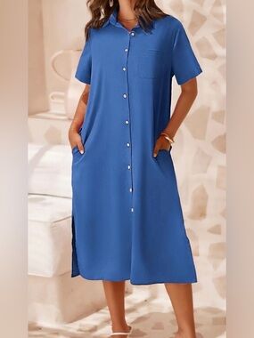 Zeagoo Women's Short Sleeve Button Down Blouse Dress Sky Blue Sz L